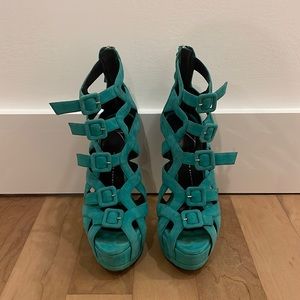 Giuseppe Zanotti suede teal heels with buckles